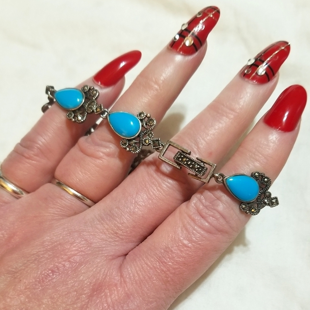Persian Turquoise Marcasite Antique Sterling Silver Bracelet - Picture 7 of 8
